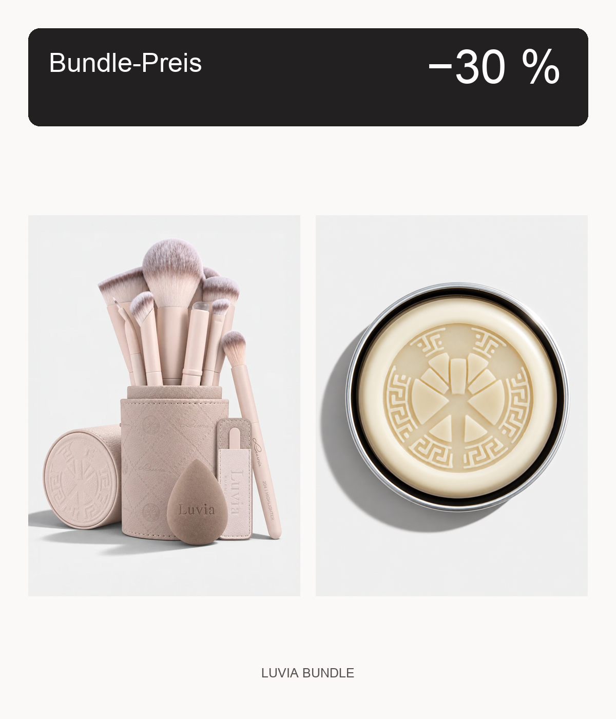 Luvia Nude Aura Pro und Vanilla-Pinselseife mit Bundle-Preis-Badge: 30 % Rabatt auf die Summe der Einzel-UVP.