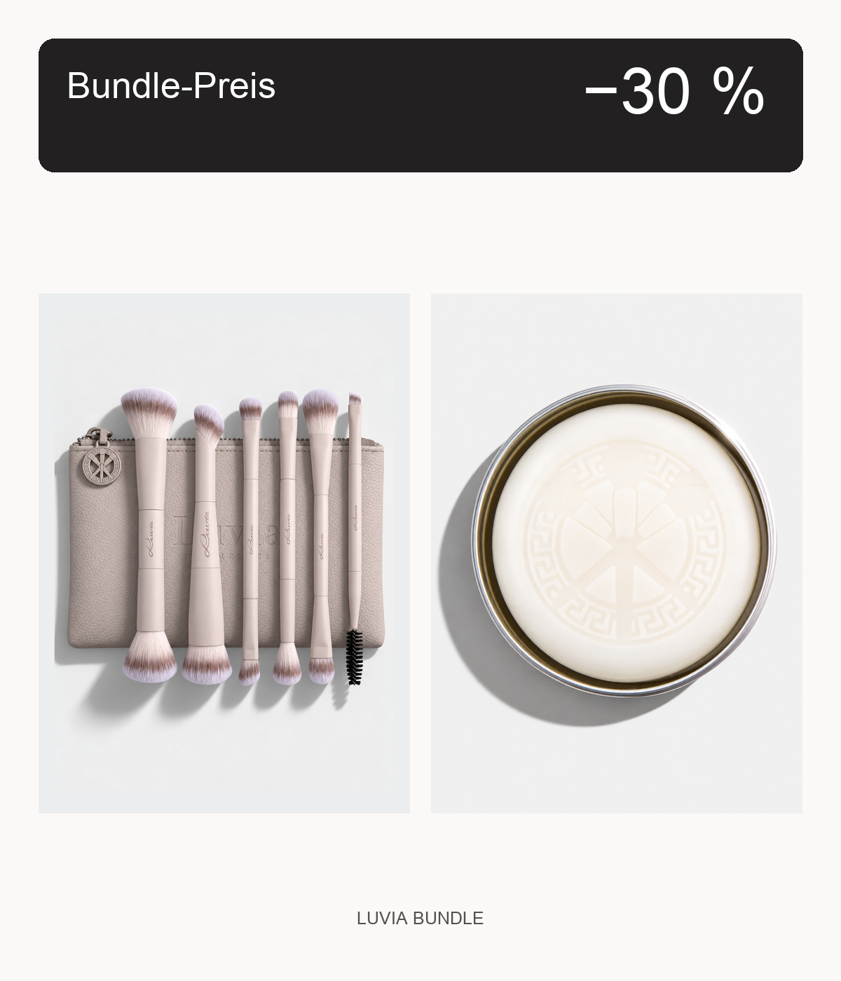 Luvia Duo Voyage Nude Aura und Citro-Pinselseife mit Bundle-Preis-Badge: 30 % Rabatt auf die Summe der Einzel-UVP.