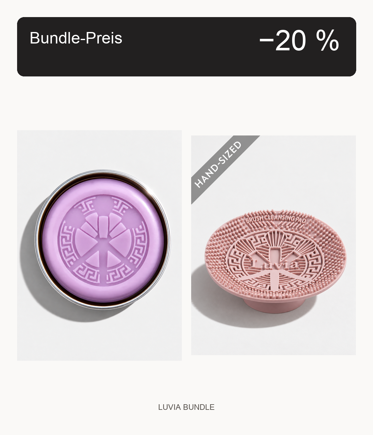 Luvia Lavender-Pinselseife und Reinigungspad Candy mit Bundle-Preis-Badge: 20 % Rabatt auf die Summe der Einzel-UVP.