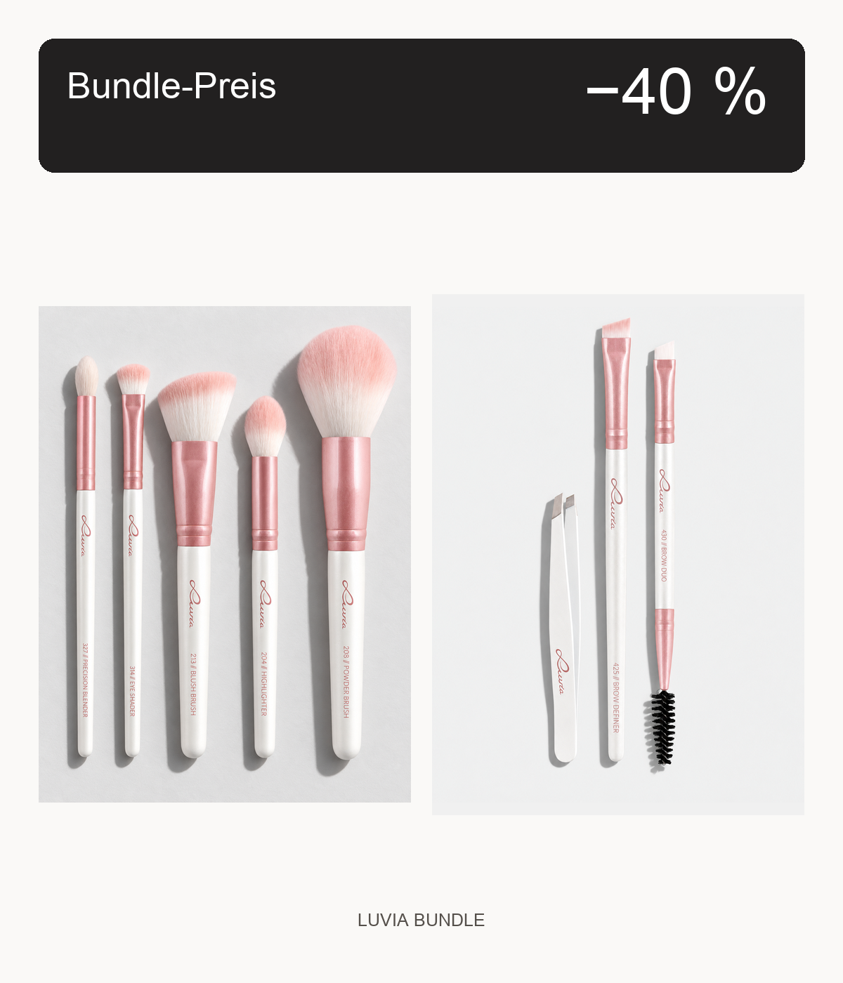 Luvia Daily Essentials und Prime Brow in Candy mit Bundle-Preis-Badge: 40 % Rabatt auf die Summe der Einzel-UVP.